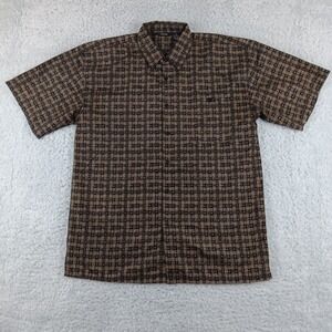 Fenzia‎ Mens Large Short Sleeve Button Down Shirt Brown Geometric Grid Polyester